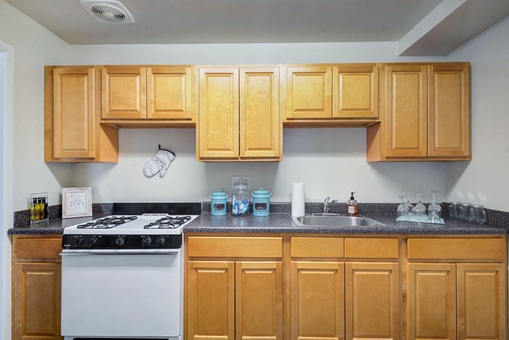 a kitchen with a stove and a sink