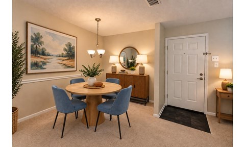 A dining room with a round table and blue chairs.