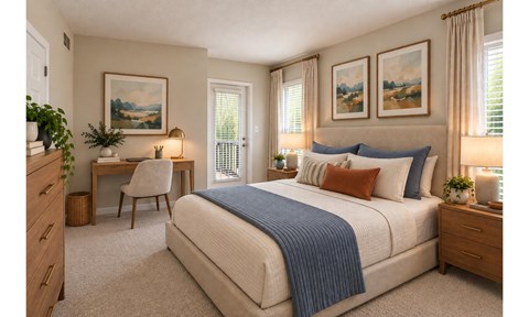 A bedroom with a bed, desk, chair, and two framed pictures on the wall.