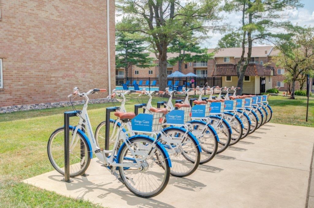a row of blue bikes parked in front of a building
