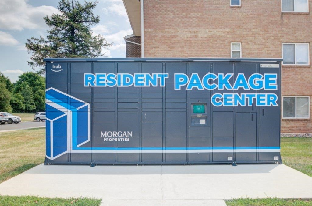 a building with a resident package center sign on it
