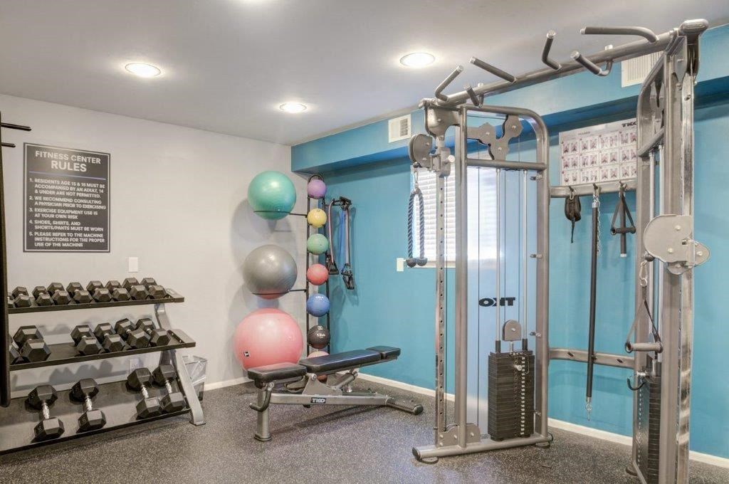 the gym is stocked with weights and other exercise equipment