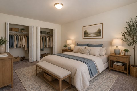 A bedroom with a large bed and a wardrobe.