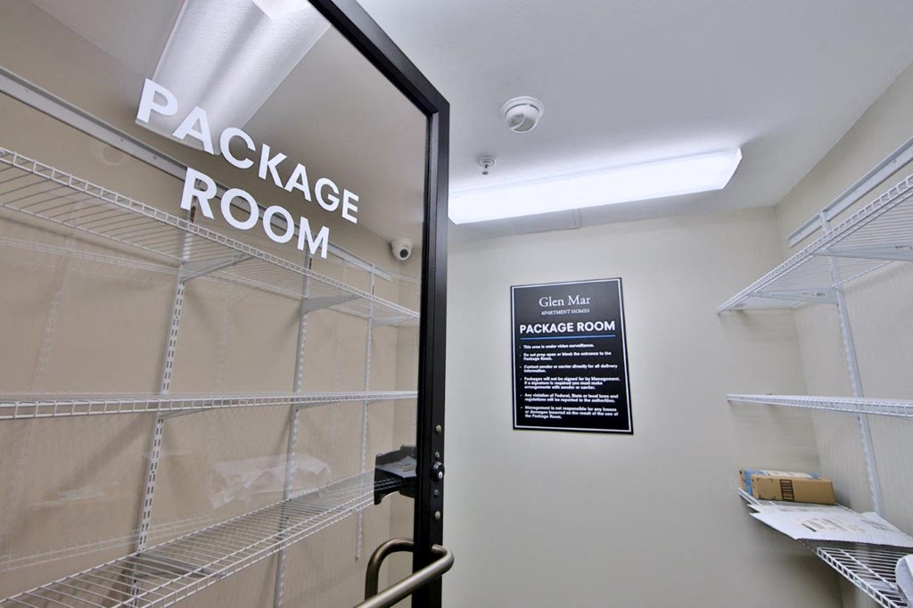 a locker room with shelves and a sign on the door