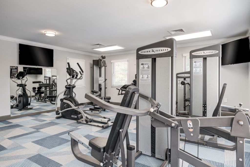 a gym with weights and cardio machines and a tv