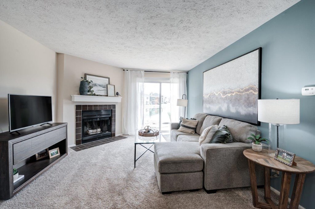a living room with a couch and a tv and a fireplace