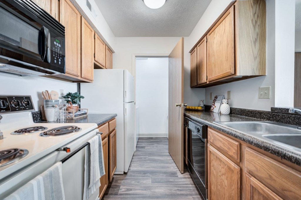 a kitchen with a stove and a sink and a refrigerator