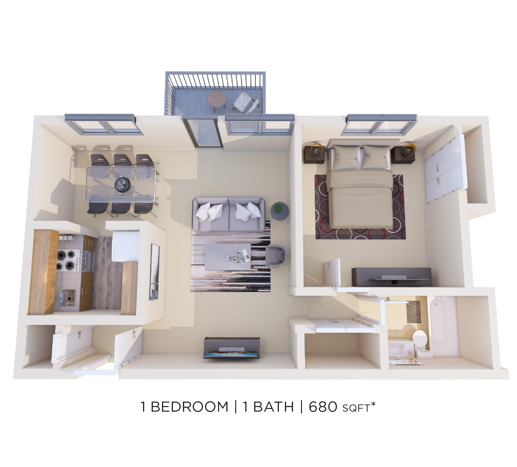 1 Bed 1 Bath - 680 sqft