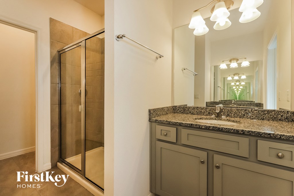 a bathroom with a sink and a shower and a mirror