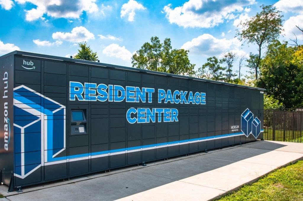 the exterior of a building with a resident package center sign
