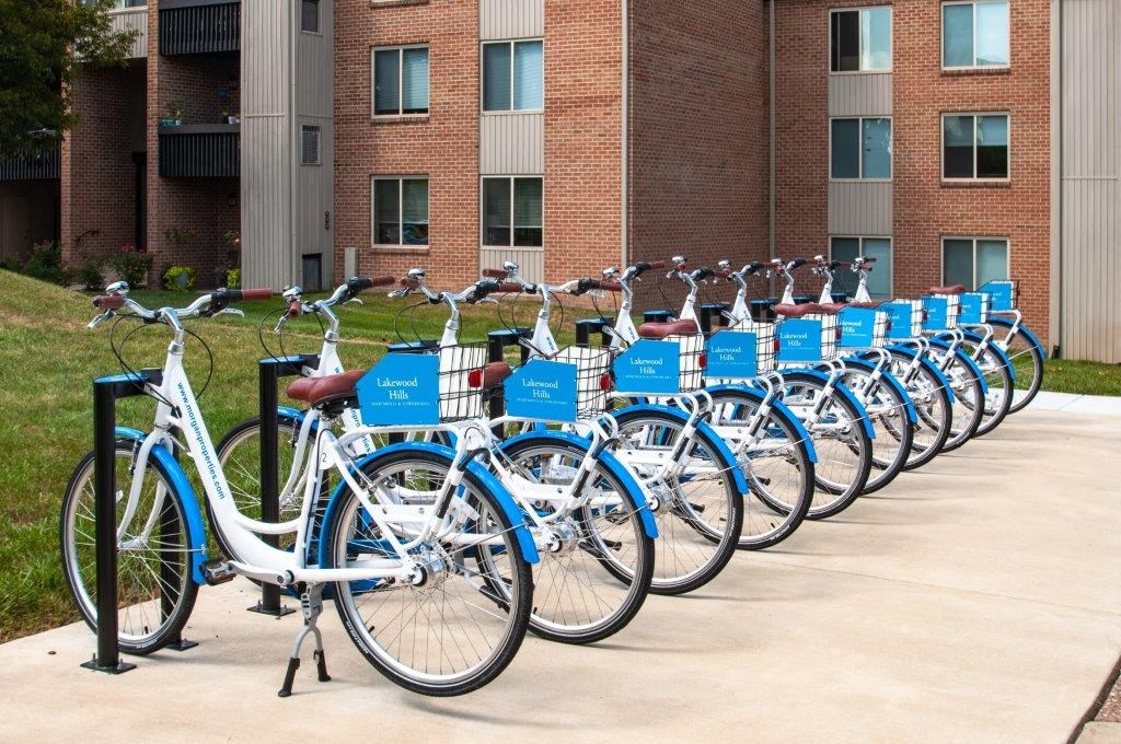 a row of blue bikes parked in front of a building