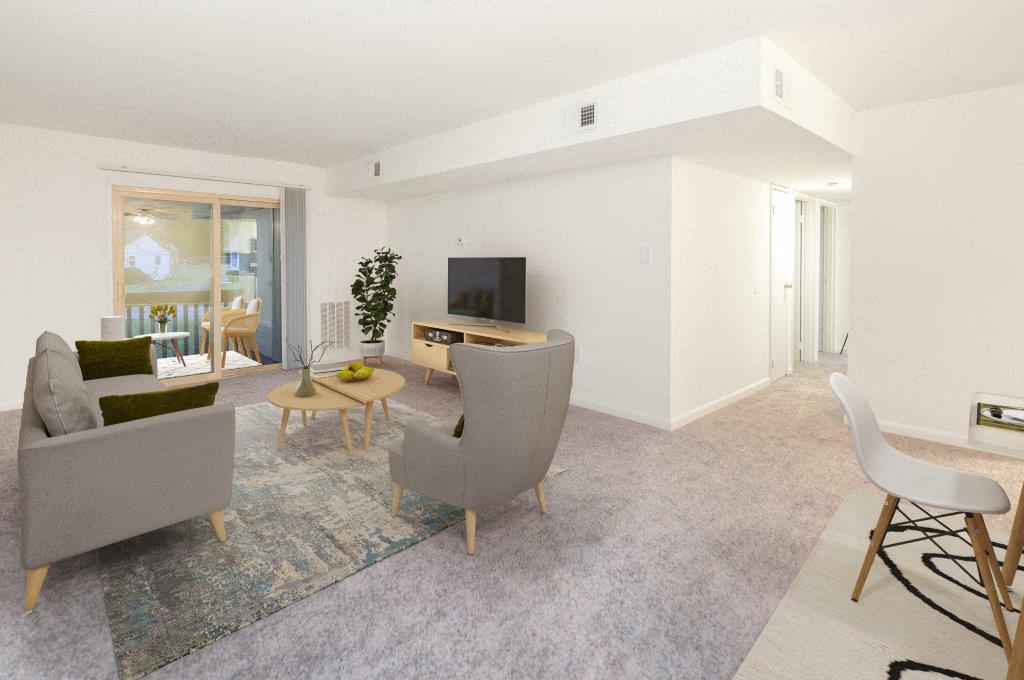 a living room with couches and chairs and a television