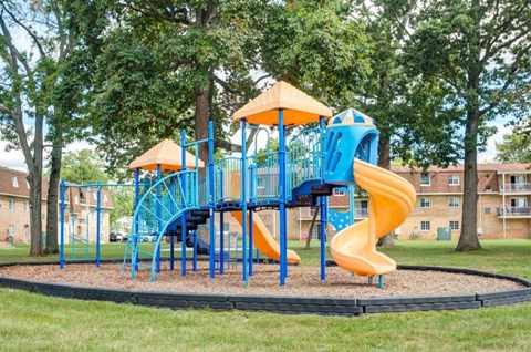 a playground with a blue and yellow slide in a park