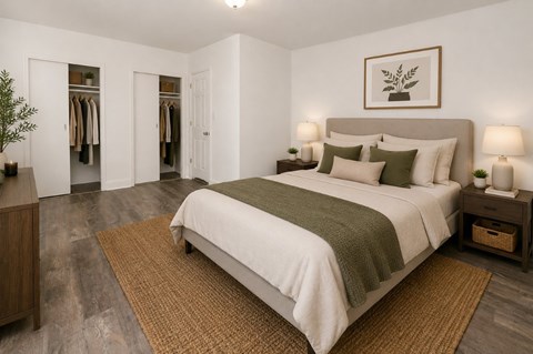A bedroom with a large bed and a wardrobe.