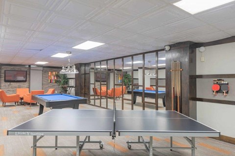 a game room with a ping pong table