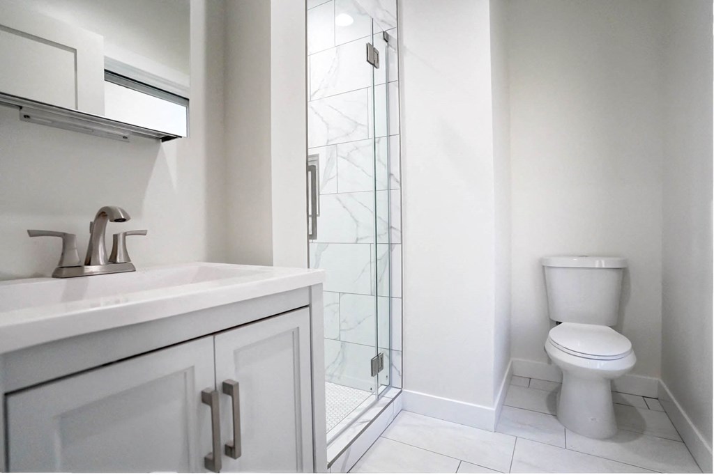 a bathroom with a sink toilet and a shower