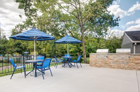 our patio has tables chairs and umbrellas and a grill