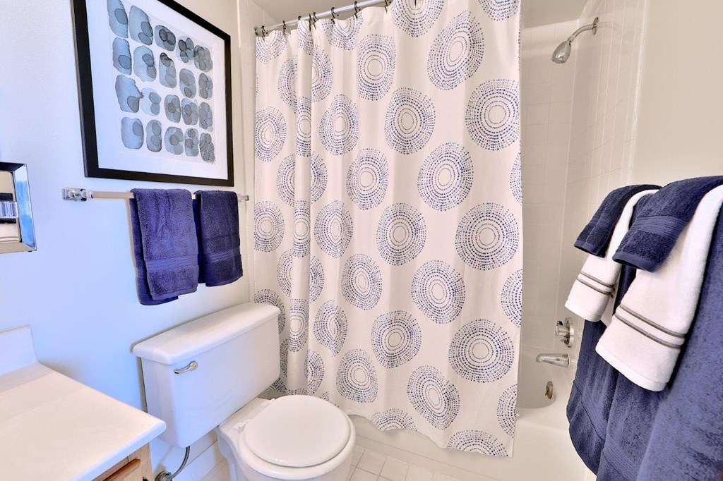 a bathroom with a shower curtain and a toilet
