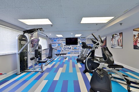 a gym with exercise equipment and a tv in the ceiling