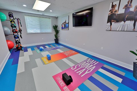 a workout room with yoga mats on the floor and a tv