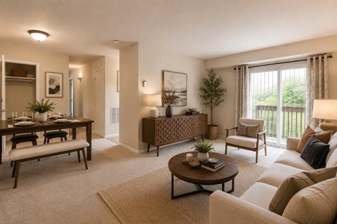 A well-lit living room with a dining table and chairs.