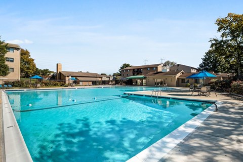A large swimming pool with a blue tinted water.