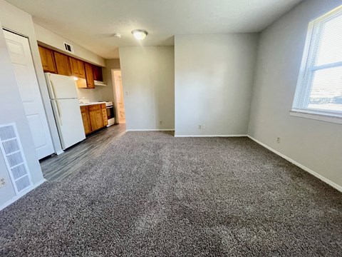 the spacious living room of an apartment with a kitchen
