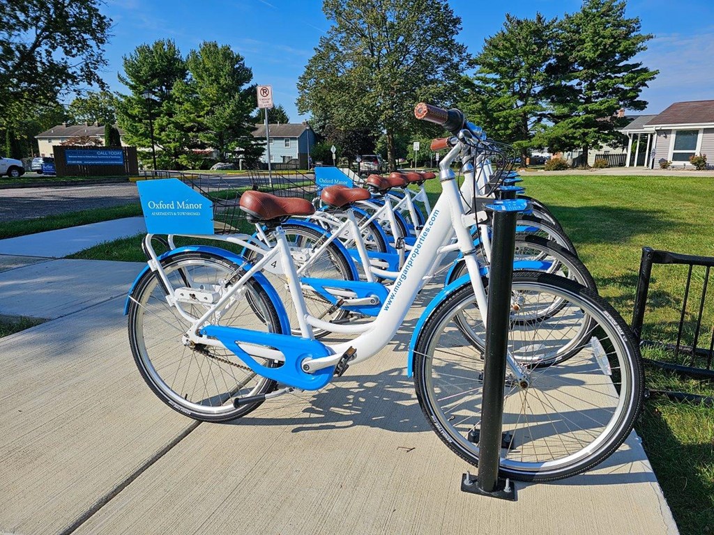 a row of blue and white bikes parked on a rack