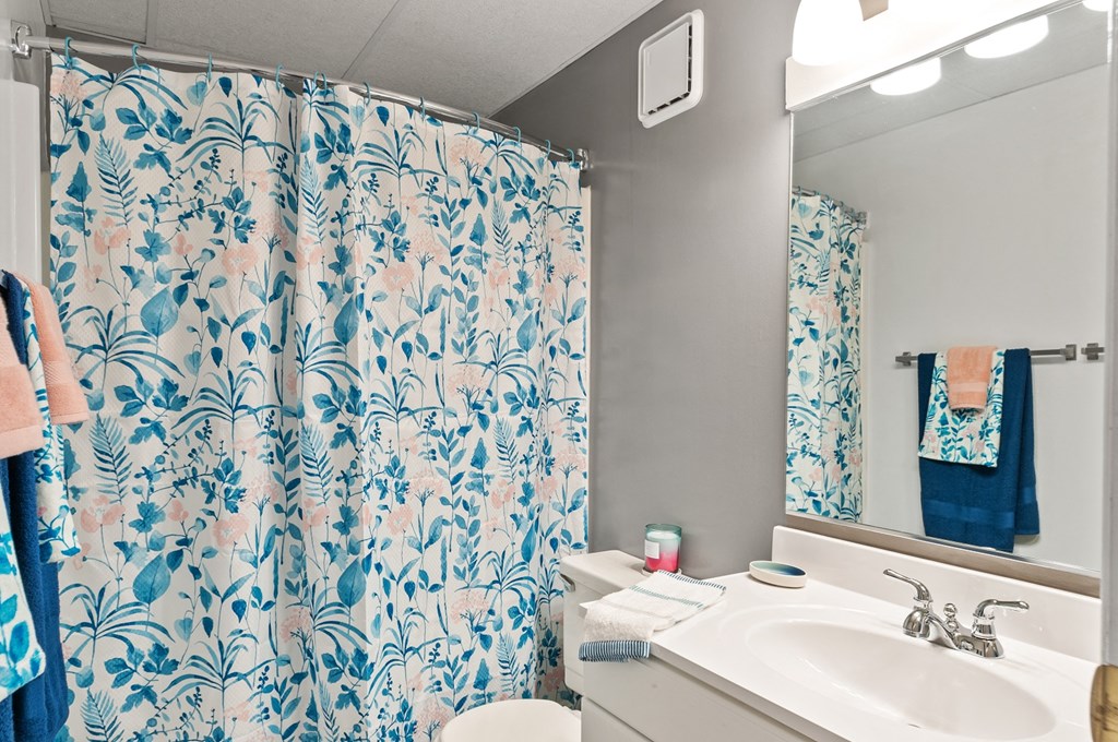 a bathroom with a shower curtain and a sink and a toilet