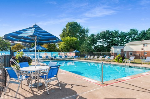 our apartments have a resort style pool with chairs and umbrellas