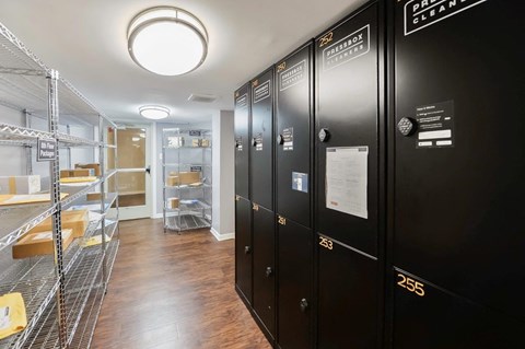 a storage room with black lockers and a walk in closet