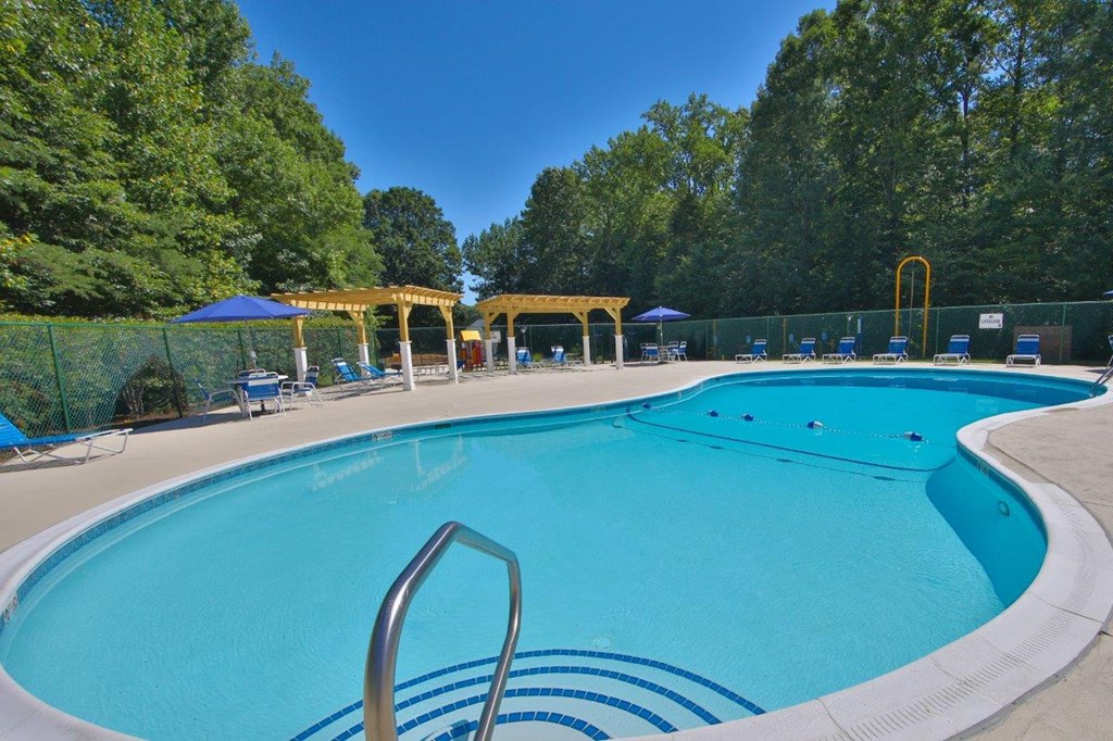 a swimming pool with chairs and umbrellas in front of trees