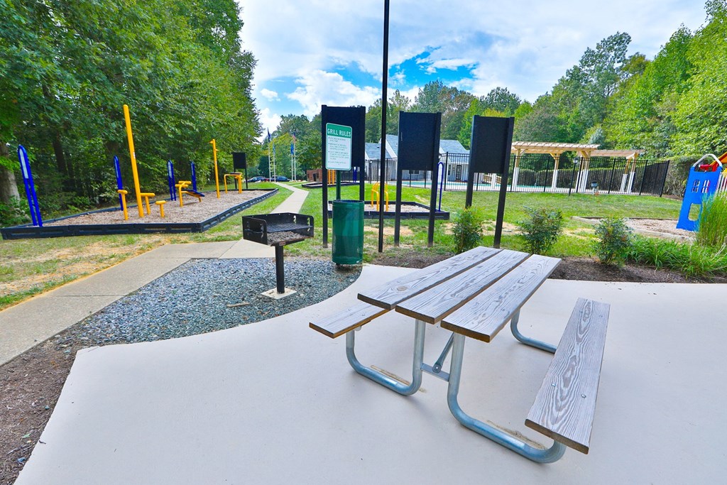 a picnic table and a bench in a park