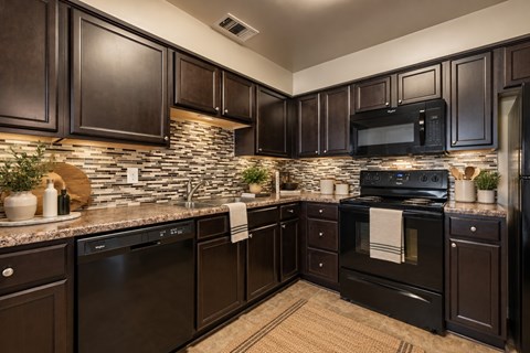 A kitchen with black cabinets and appliances.