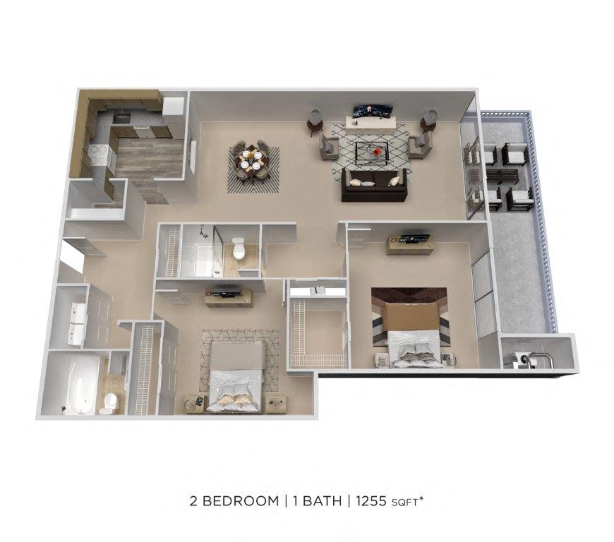 Two Bedroom 2 Bath - 1,255 sqft