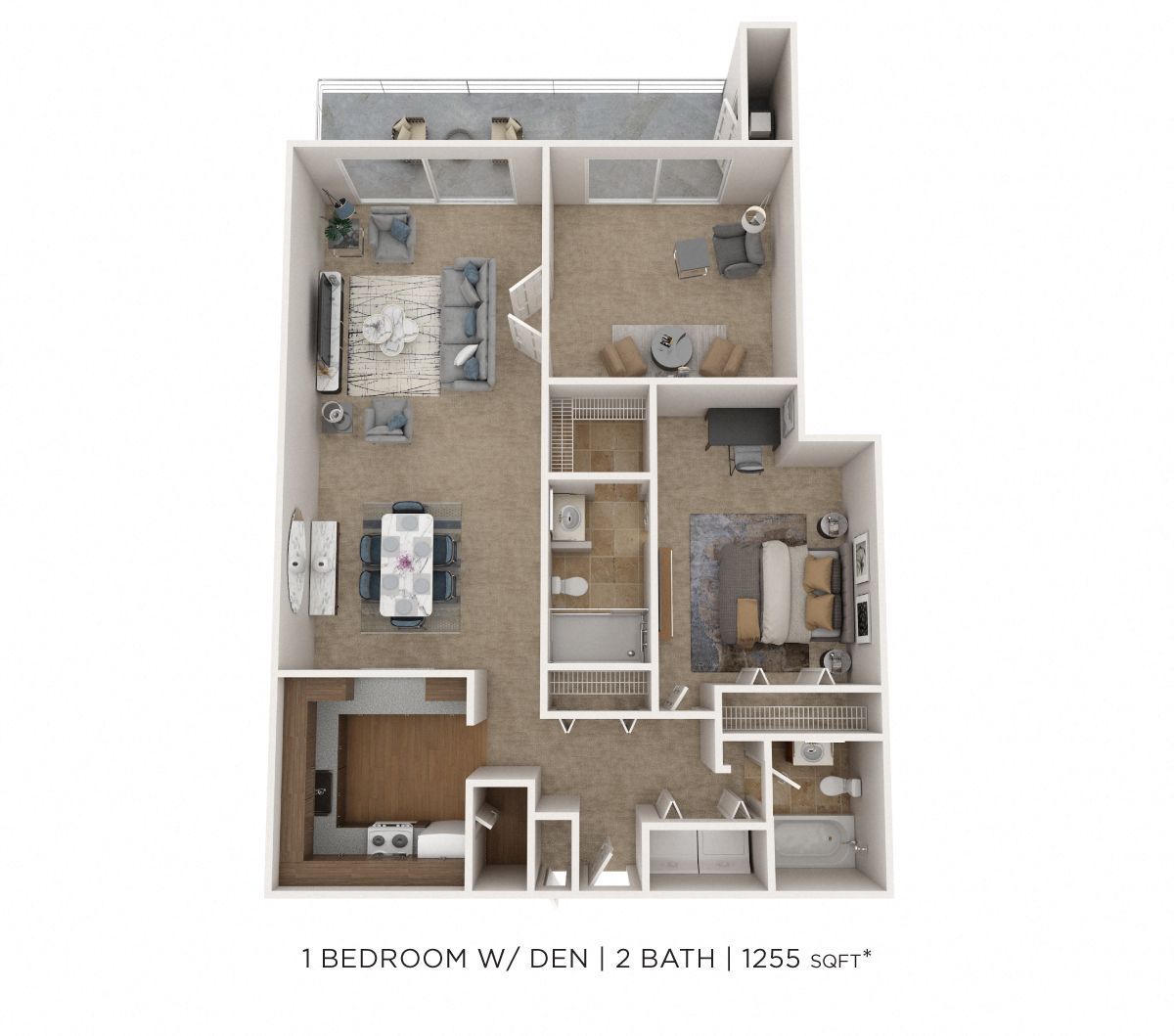 One Bedroom 2 Bath - 1,255 sqft