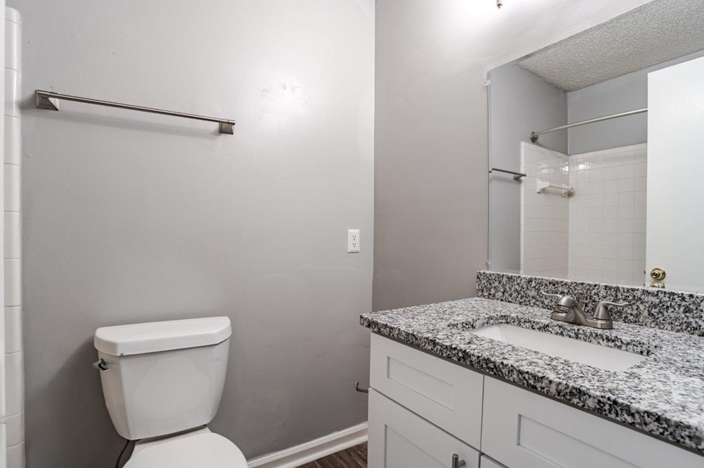 A bathroom with a toilet, sink, and mirror.