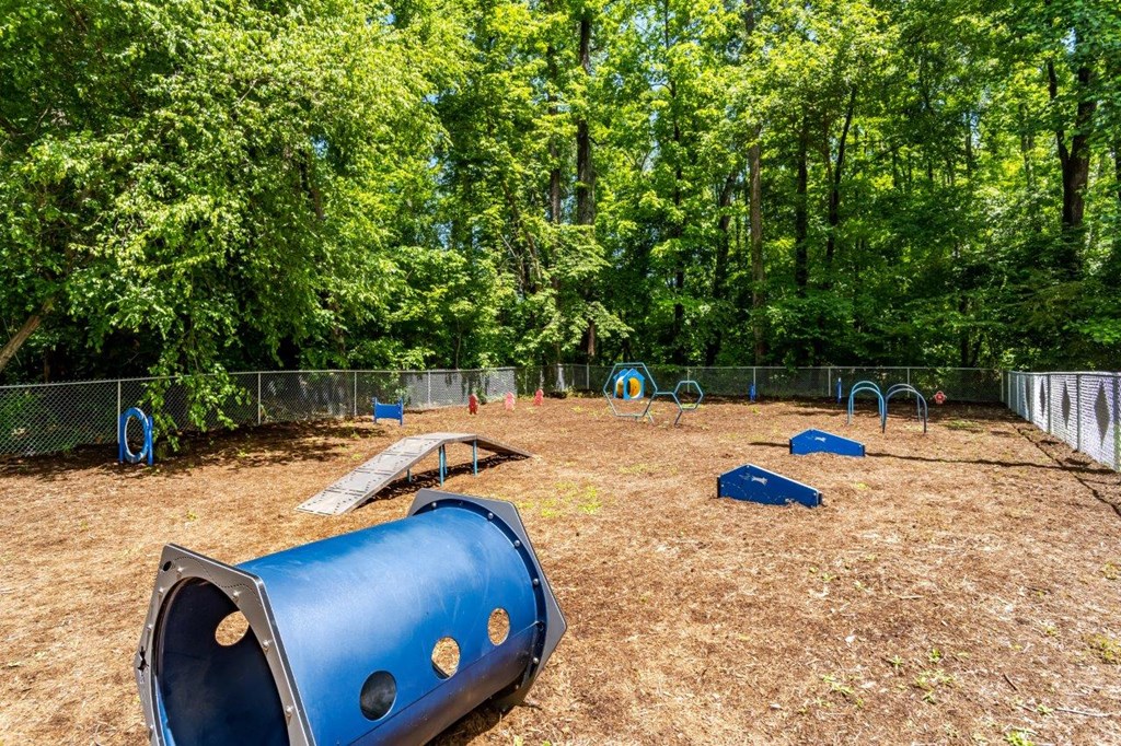 A playground with a blue tunnel and a slide.