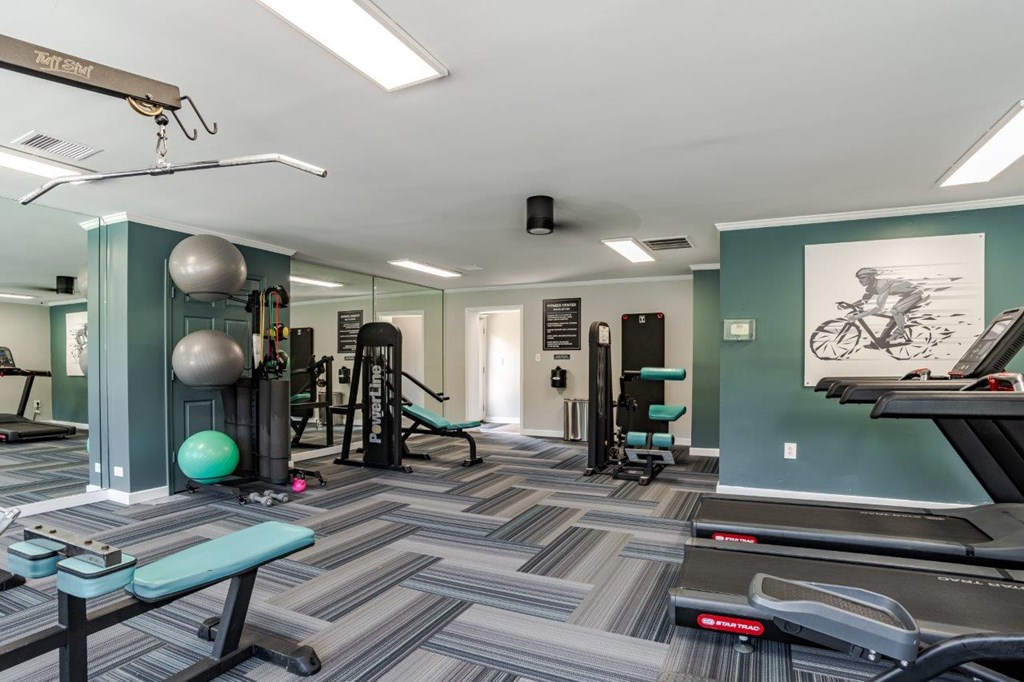 A gym with a variety of equipment including a treadmill, weights, and a bench.