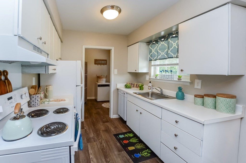a kitchen with a stove sink and refrigerator