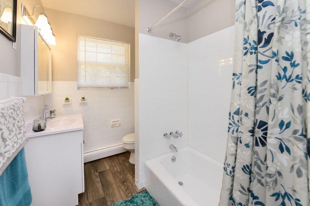 a bathroom with a shower curtain and a toilet and a sink