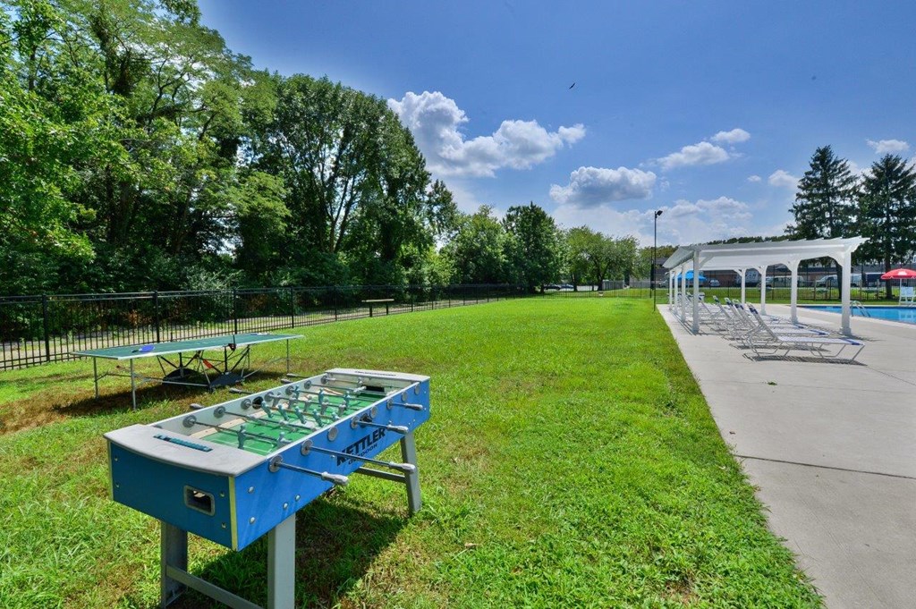 a ping pong table in a park near a pool