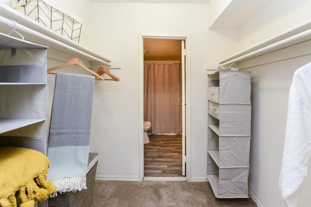 a walk in closet with shelves and a door to a bathroom