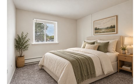 A bedroom with a large bed and a painting on the wall.
