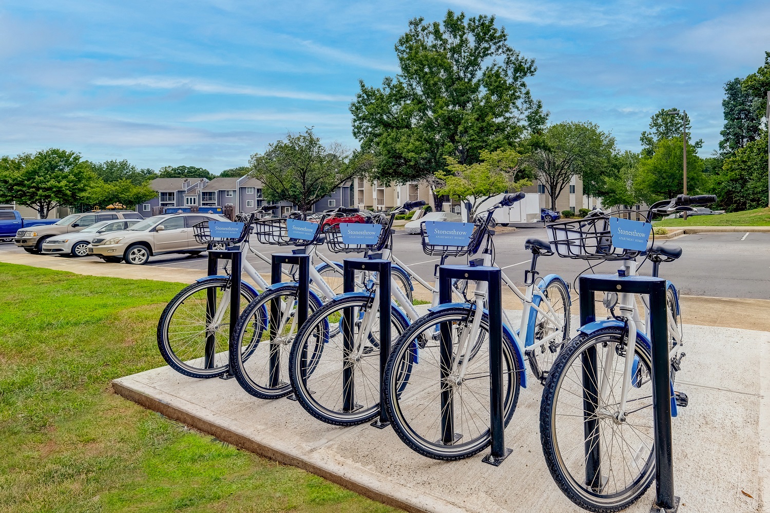 a row of blue bikes parked at a bike rack