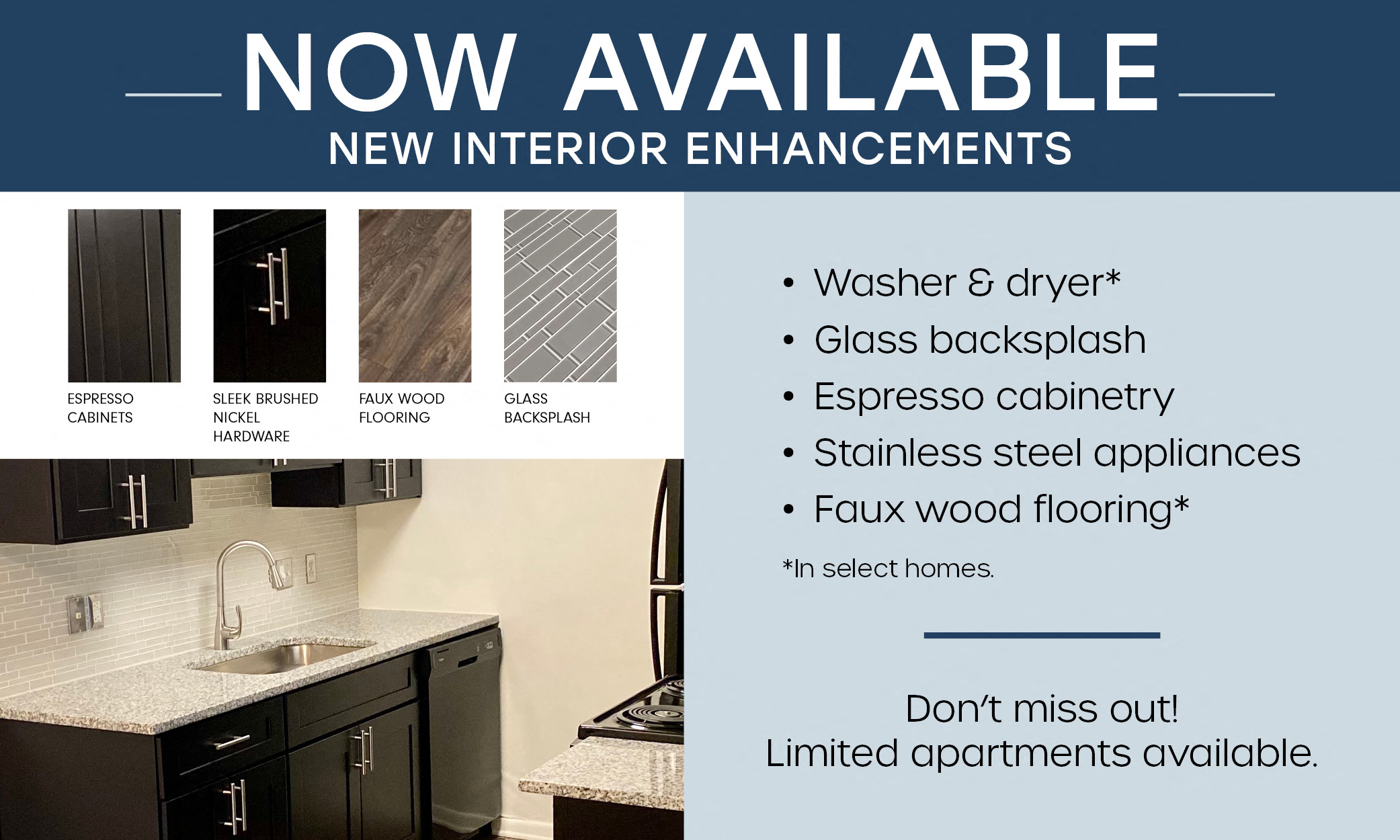 a picture of a kitchen with updated appliances and a promotion of new interior enhancements