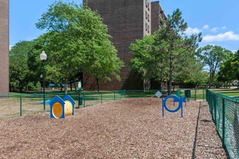 a playground in a park with a building in the background