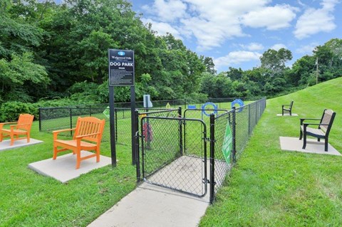 a dog park with benches and a chain link fence