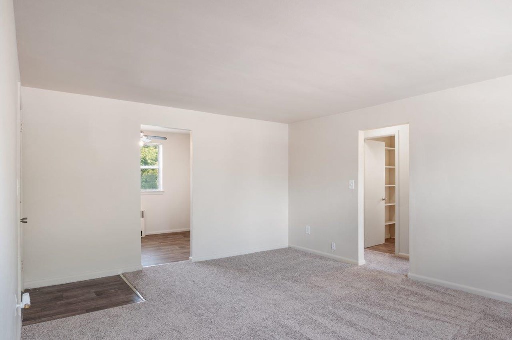 an empty living room with white walls and a carpet
