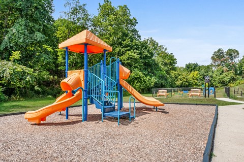 a playground with a slide at a park